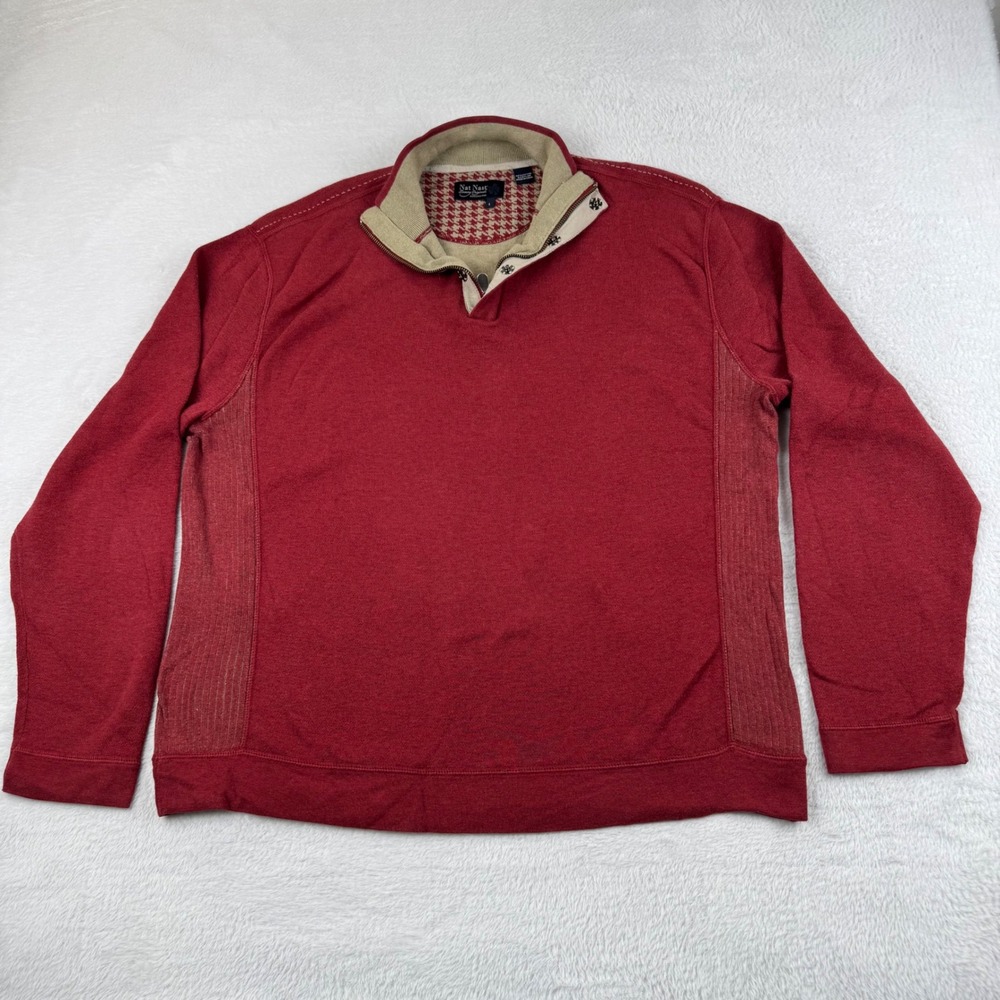 Nat Nast Quarter Zip Pullover Mens L Red Cotton Blend Houndstooth Trim Sweater